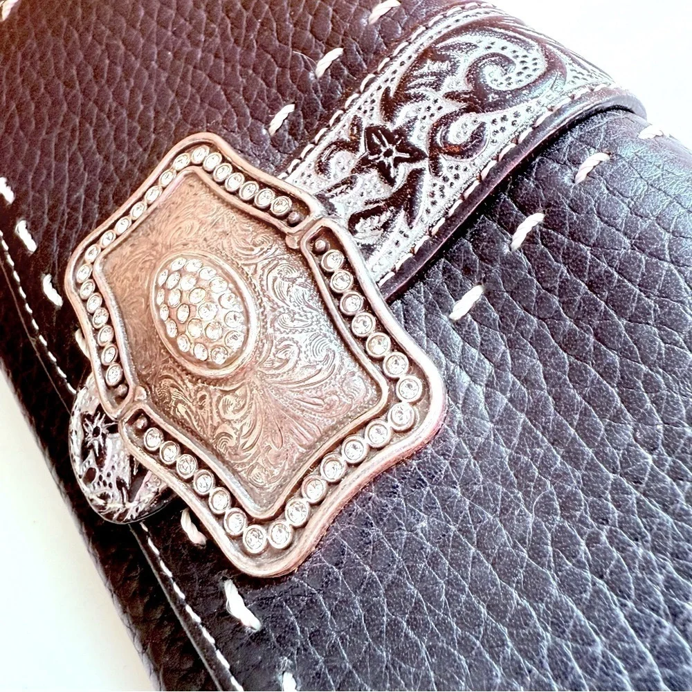 Brighton Leather Tooled Beaded Snap Wallet Organizer Crossbody Bag